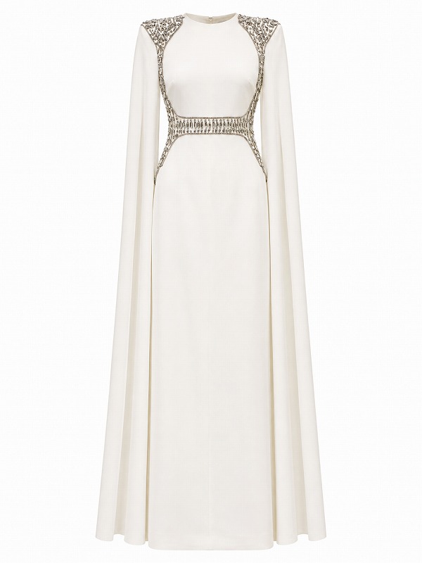 【新品DRESS 1916】マントスリーブビジューフレアロングドレス ホワイト【KAREN MILLEN】